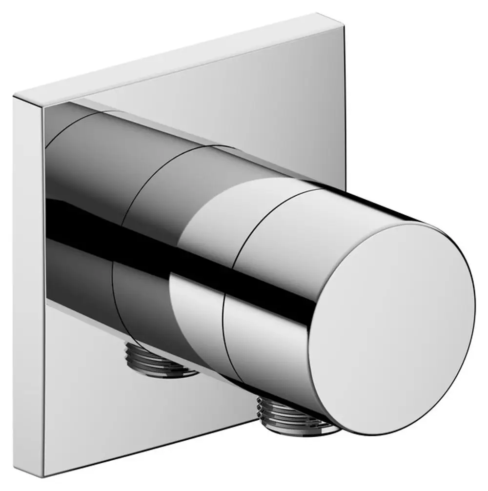 Verchromtes Keuco Umstellventil mit eckiger Form und zwei Schlauchanschlüssen. Das Design ist minimalistisch und funktional.